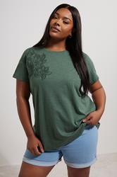 YOURS Plus Size Khaki Green Floral Embroidered Stud Detail T-Shirt | Yours Clothing 1