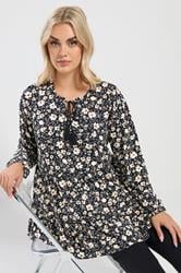 YOURS Plus Size Black Floral Tie Neck Tiered Blouse | Yours Clothing 3