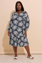 YOURS Plus Size Navy Blue Floral Tie Neck Tiered Midi Dress | Yours Clothing 1