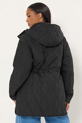 YOURS Plus Size Black Quilted Hooded Midi Coat | Yours Clothing 2