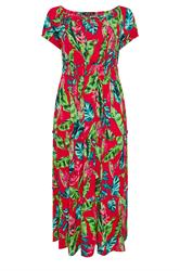 YOURS Curve Red Tropical Tie Neck Bardot Maxi Dress