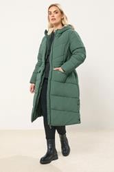 YOURS Plus Size Green Borg Hooded Padded Maxi Coat | Yours Clothing 3