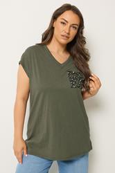 YOURS Plus Size Khaki Green Animal Stud Pocket T-Shirt | Yours Clothing 3