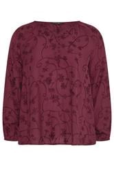 EVANS Curve Burgundy Red Floral Embroidered Blouse