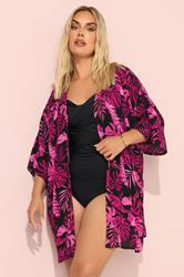 YOURS Plus Size Pink Tropical Print Crochet Kimono | Yours Clothing 3