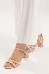 Nude Patent Mid Block Heel Sandals In Wide E Fit