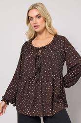 YOURS Plus Size Chocolate Brown Polka Dot Textured Peplum Top | Yours Clothing 3