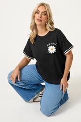 YOURS Plus Size Black Daisy 'Life Is Good' Varsity Trim T-Shirt | Yours Clothing 3