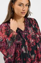 YOURS Plus Size Black & Pink Floral Metallic Tie Neck Blouse | Yours Clothing 4