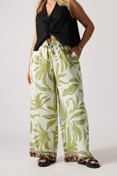 YOURS Plus Size Light Green Leaf Print Wide Leg Trousers | Yours Clothing 1