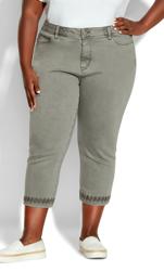 Embroidered Hem Wide Elasticated Waistband Grey Denim Capri