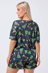 LIMITED COLLECTION Plus Size Navy Blue Christmas Tree Novelty Pyjama Set | Yours Clothing 2