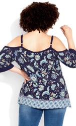 Evans Navy Blue Daisy Print Cold Shoulder Top 2