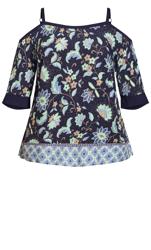Evans Navy Blue Daisy Print Cold Shoulder Top 5