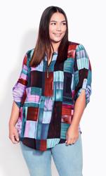 Evans Purple & Blue Square Patchwork Print Zip Neck Shirt 1