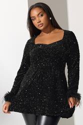 YOURS LONDON Plus Size Black Velvet Sequin Faux Fur Trim Top | Yours Clothing 1