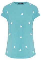 YOURS Curve Light Blue Embroidered Heart T-Shirt