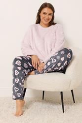 YOURS Plus Size Pink Heart Texture Borg Lounge Set | Yours Clothing 3