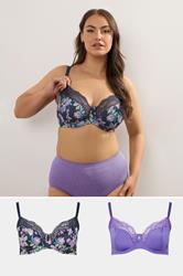YOURSET 2 PACK Plus Size Black & Purple Floral Underwired Bras | Yours Clothing 1