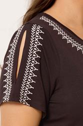 YOURS Plus Size Brown Embroidered Cold Shoulder T-Shirt | Yours Clothing 4