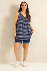 EVANS Plus Size Navy Blue Stripe Cotton Henley Vest Top | Evans 1