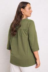 EVANS Plus Size Khaki Green Pleat Front Henley Top | Evans 3