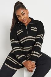 YOURS Plus Size Black Stripe Quarter Zip Knitted Jumper | Yours Clothing 1