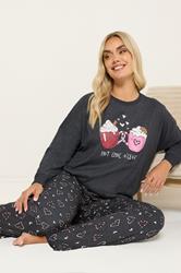 YOURS Plus Size Charcoal Grey 'Hot Choc O'clock' Wide Leg Pyjama Set | Yours Clothing 4