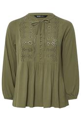 YOURS Plus Size Khaki Green Broderie Anglaise Tie Neck Blouse | Yours Clothing 5