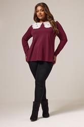 YOURS Plus Size Burgundy Red Broderie Anglaise Oversized Collar Top | Yours Clothing 1