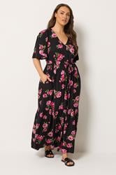 YOURS Plus Size Black Floral Angel Sleeve Dress | Yours Clothing 1