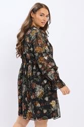 YOURS Plus Size Black Floral Metallic Tie Neck Mini Dress | Yours Clothing 4