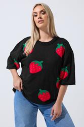 LIMITED COLLECTION Plus Size Black Strawberry Knitted Boxy Top | Yours Clothing 1