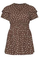 YOURS Curve Chocolate Brown Polka Dot Flutter Sleeve Top