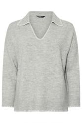 YOURS Curve Grey Blanket Stitch Collared Jumper