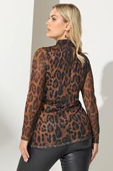YOURS LONDON Plus Size Brown Leopard Twist Neck Mesh Top | Yours Clothing 2