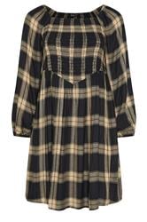 YOURS Curve Black & Brown Check Shirred Mini Dress
