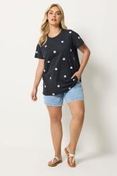 YOURS Plus Size Navy Blue Embroidered Daisy T-Shirt | Yours Clothing 1