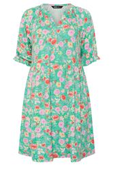 YOURS Curve Green Floral Notch Neck Dress