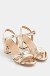 Gold Faux Leather Mid Block Heel Sandals In Wide E Fit