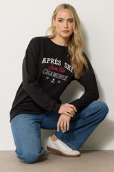 LTS Tall Black 'Apres Ski' Slogan Sweatshirt | Long Tall Sally 1