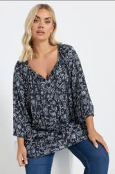 YOURS Plus Size Navy Blue Floral Print Tie Front Top | Yours Clothing 1