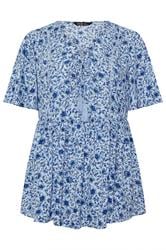 YOURS Curve Blue Floral Embellished Tie Neck Top