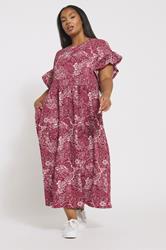 YOURS Plus Size Burgundy Red Floral Frill Sleeve Midaxi Dress | Yours Clothing 1