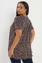 YOURS Plus Size Black Floral Ribbed Swing Top | Yours Clothing 2