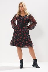 YOURS Plus Size Black Blurred Floral Stud Midi Dress | Yours Clothing 2