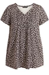 EVANS Plus Size Chocolate Brown Print Cotton Henley Top | Evans 5