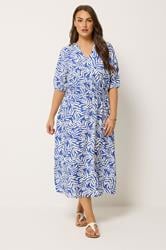 YOURS Plus Size Blue Leaf Print Notch Neck Dress | Yours Clothing 1