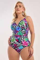 YOURS Plus Size Black Tropical Zebra Print Plunge Swimsuit | Yours Clothing 3