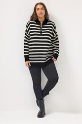 YOURS Plus Size Black Scallop Stripe Quarter Zip Jumper | Yours Clothing 2
